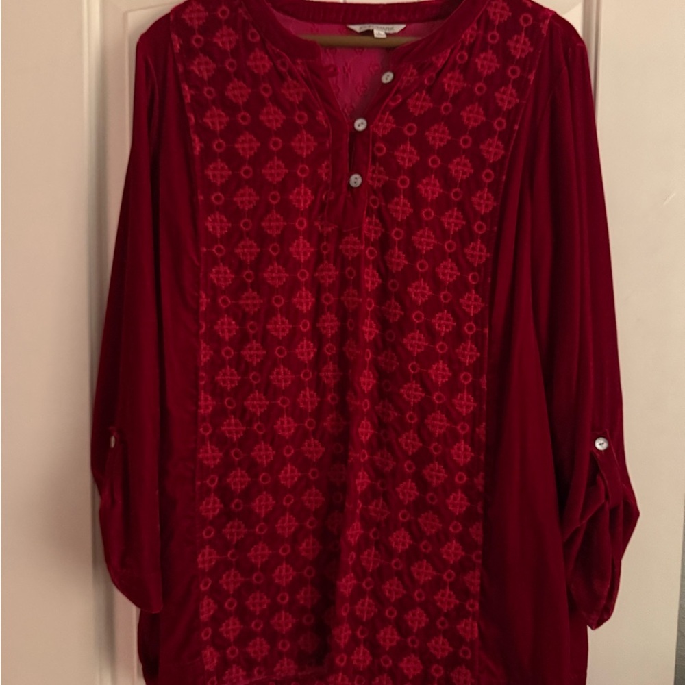 John Mark Deep Red Tunic with Geometric Design